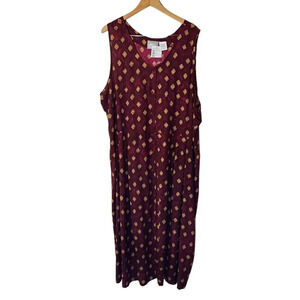 Blair NWT Long Vintage Dress Plus 3XL Dark Red Beige Geometric Diamond Patterned